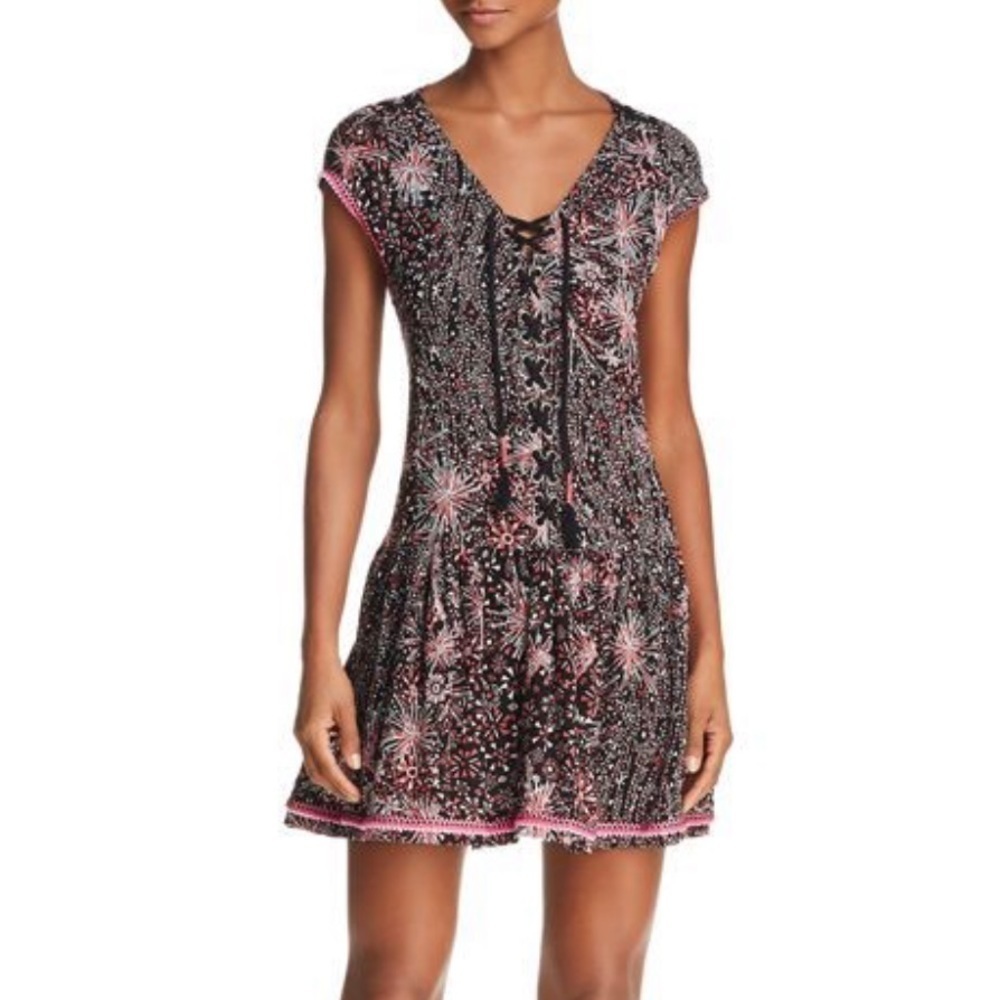 POUPETTE ST. BARTH Lucy Printed Pink & Black Firework Lace-Up Pompom Mini Dress